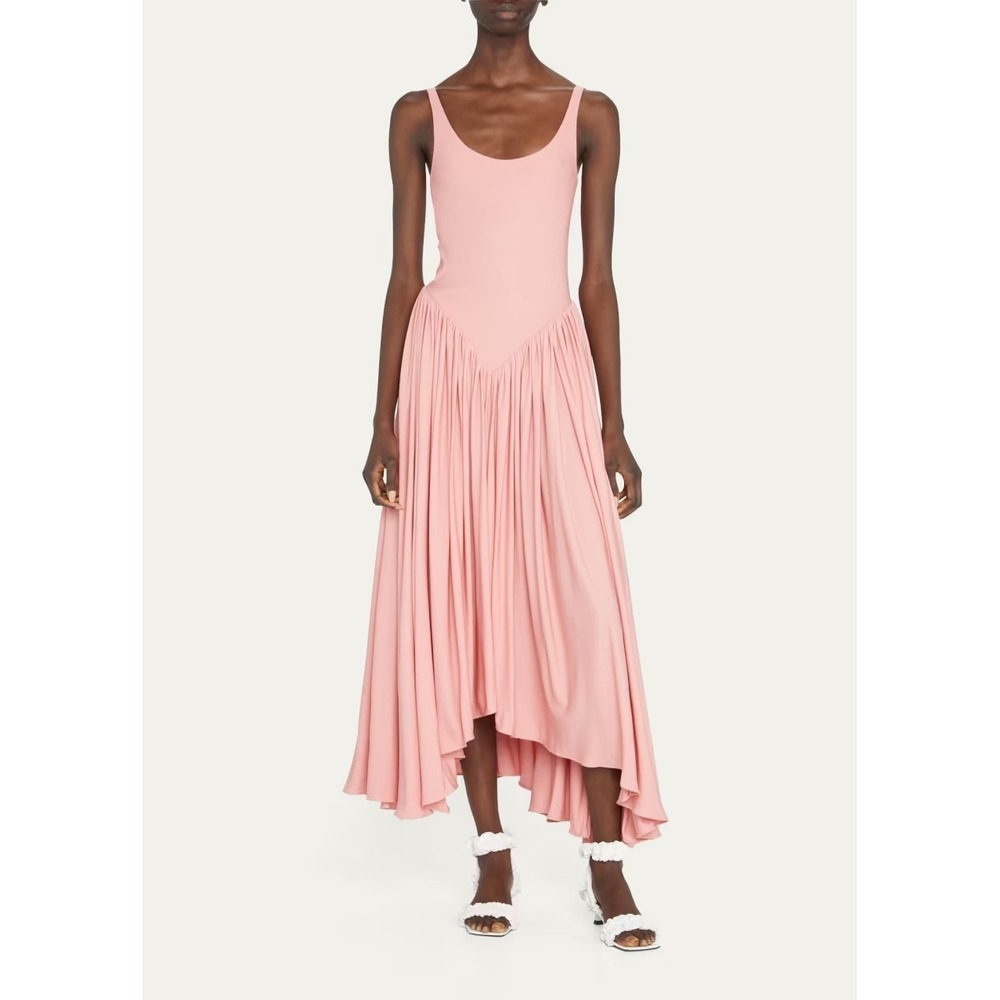 Khaite Pink 100% Silk Dropped Waist Pleated Midi Dress High Low Hem NWT